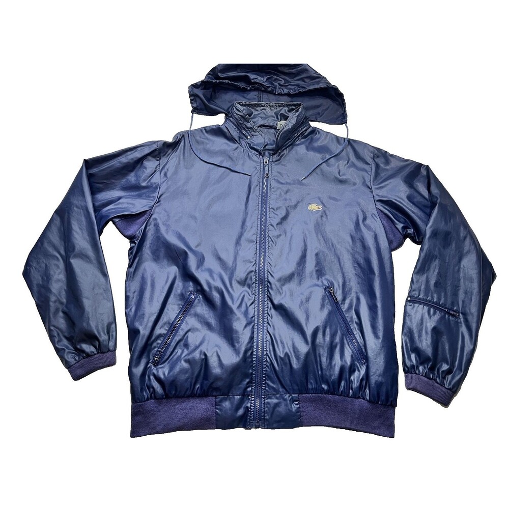 Vintage 80s Lacoste Windbreaker Jacket Mens Large Blue Full Zip Lightweight Hood